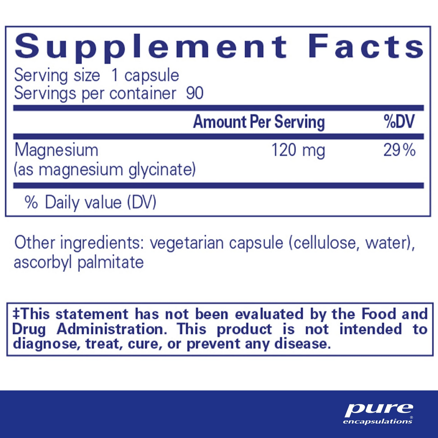 Pure Encapsulations Magnesium Glycinate supplement facts panel showing 120 mg magnesium glycinate per capsule and directions for use