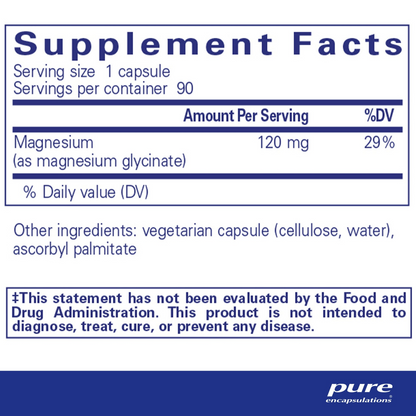 Pure Encapsulations Magnesium Glycinate supplement facts panel showing 120 mg magnesium glycinate per capsule and directions for use