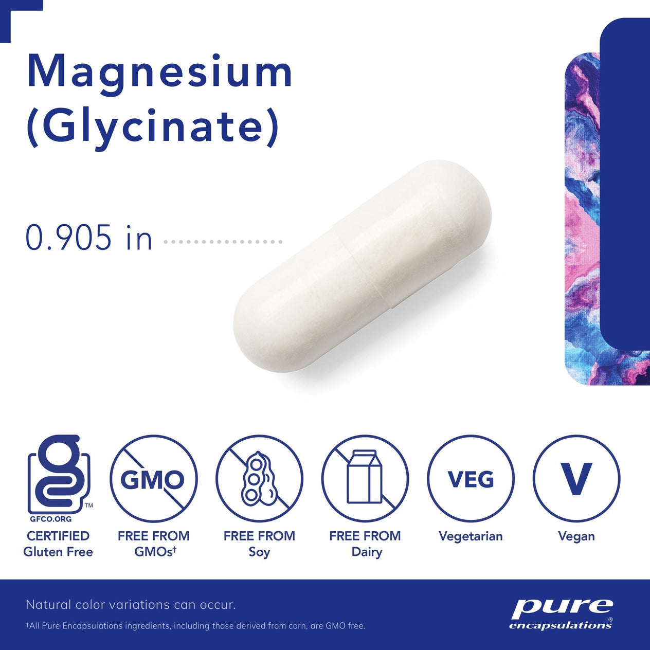 Pure Encapsulations Magnesium Glycinate vegetarian capsule shown at 0.905 inch length, with certified gluten-free, non-GMO, soy-free, dairy-free, vegetarian and vegan icons