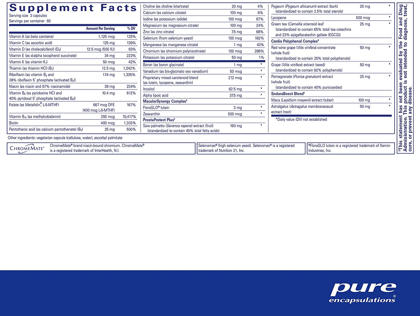 Pure Encapsulations Men's Nutrients supplement facts label showing full vitamin, mineral and trace element profile alongside ProstaProtect Plus, MacularSynergy Complex, Cardio Polyphenol Complex and EnduraBoost Blend per 3-capsule serving – 180 vegetarian capsules