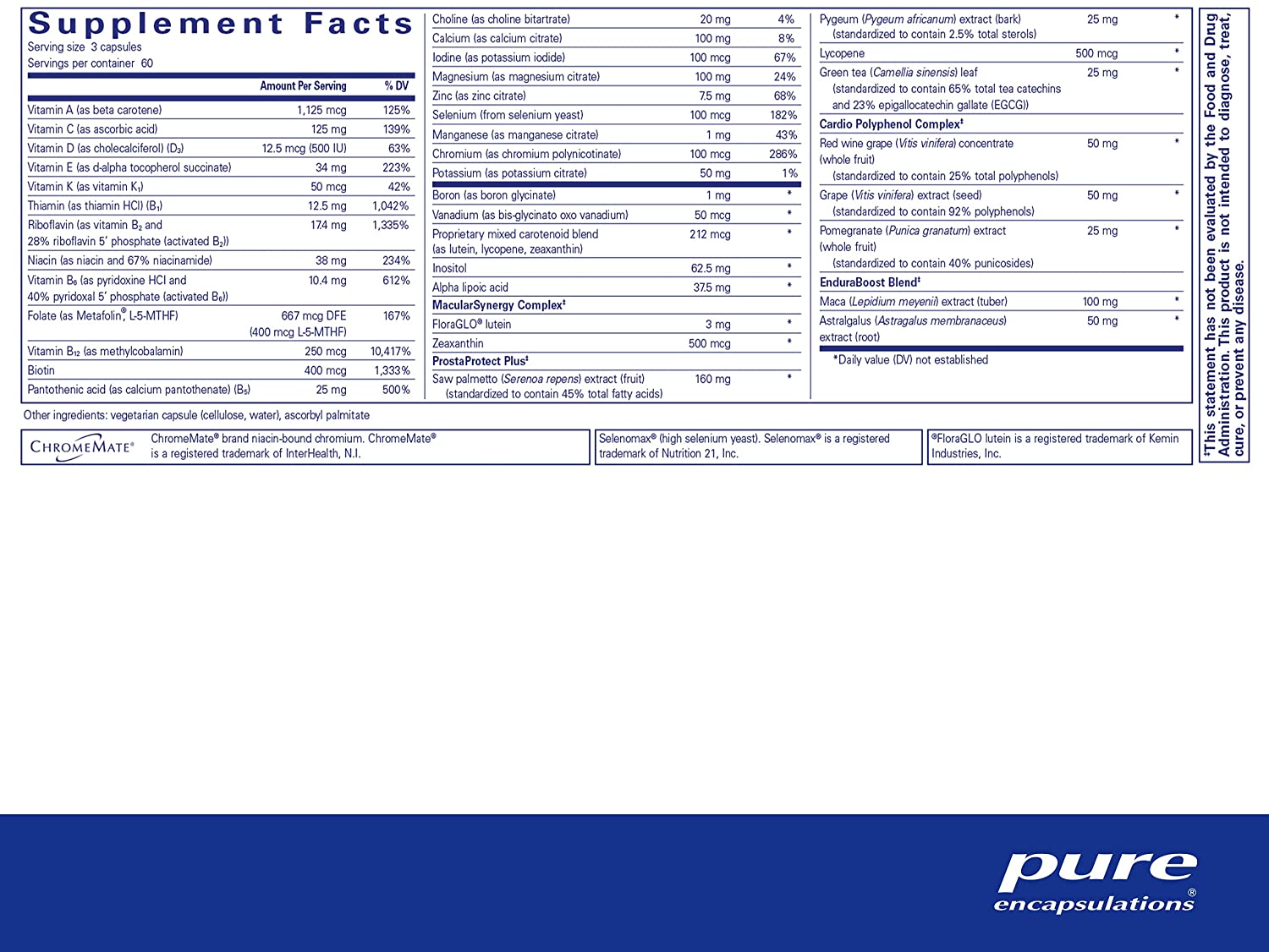 Pure Encapsulations Men's Nutrients supplement facts label showing full vitamin, mineral and trace element profile alongside ProstaProtect Plus, MacularSynergy Complex, Cardio Polyphenol Complex and EnduraBoost Blend per 3-capsule serving – 180 vegetarian capsules