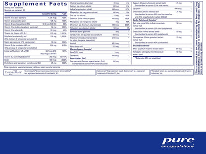 Pure Encapsulations Men's Nutrients supplement facts label showing full vitamin, mineral and trace element profile alongside ProstaProtect Plus, MacularSynergy Complex, Cardio Polyphenol Complex and EnduraBoost Blend per 3-capsule serving – 180 vegetarian capsules