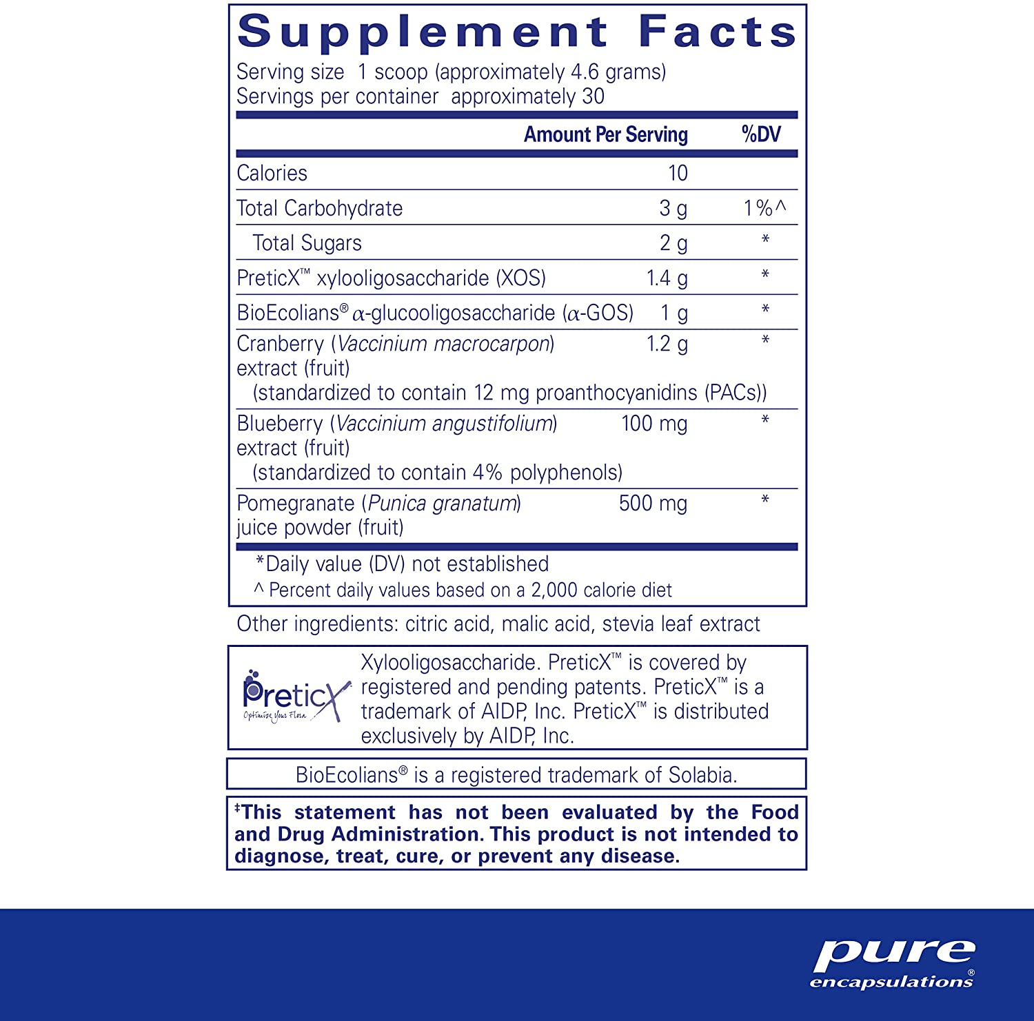 Pure Encapsulations Poly-Prebiotic supplement facts – PreticX xylooligosaccharide, BioEcolians α-GOS, cranberry, pomegranate