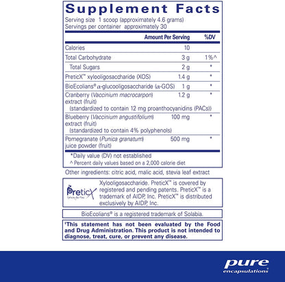 Pure Encapsulations Poly-Prebiotic supplement facts – PreticX xylooligosaccharide, BioEcolians α-GOS, cranberry, pomegranate