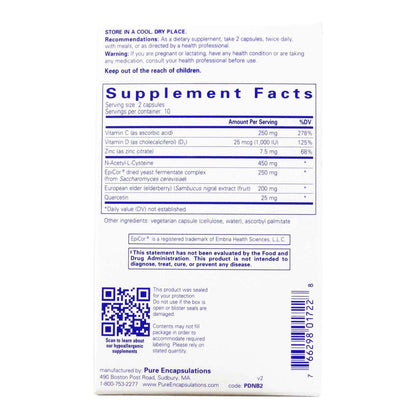 Pure Encapsulations PureDefense with NAC supplement facts label showing EpiCor® dried yeast fermentate, N-acetyl-L-cysteine, elderberry extract, quercetin, vitamins C and D3, and zinc citrate per serving – 120 vegetarian capsules