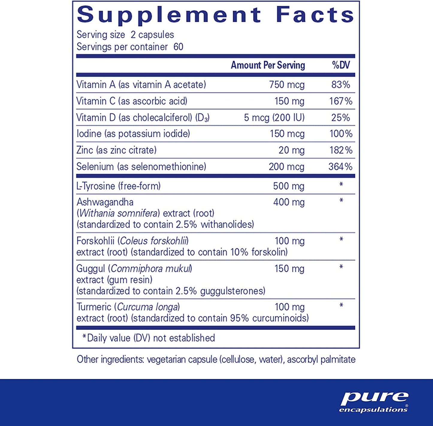 Pure Encapsulations Thyroid Support Complex supplement facts label showing iodine 150mcg, selenium 200mcg, zinc 20mg, L-tyrosine 500mg, ashwagandha 400mg, Coleus forskohlii 100mg, guggul 150mg and turmeric 100mg per 2-capsule serving – 60 servings per 120-capsule bottle