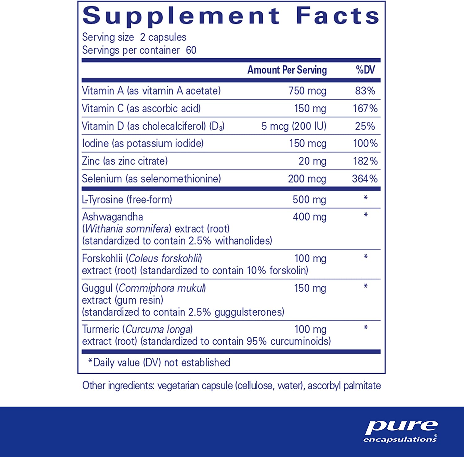 Pure Encapsulations Thyroid Support Complex supplement facts label showing iodine 150mcg, selenium 200mcg, zinc 20mg, L-tyrosine 500mg, ashwagandha 400mg, Coleus forskohlii 100mg, guggul 150mg and turmeric 100mg per 2-capsule serving – 60 servings per 120-capsule bottle