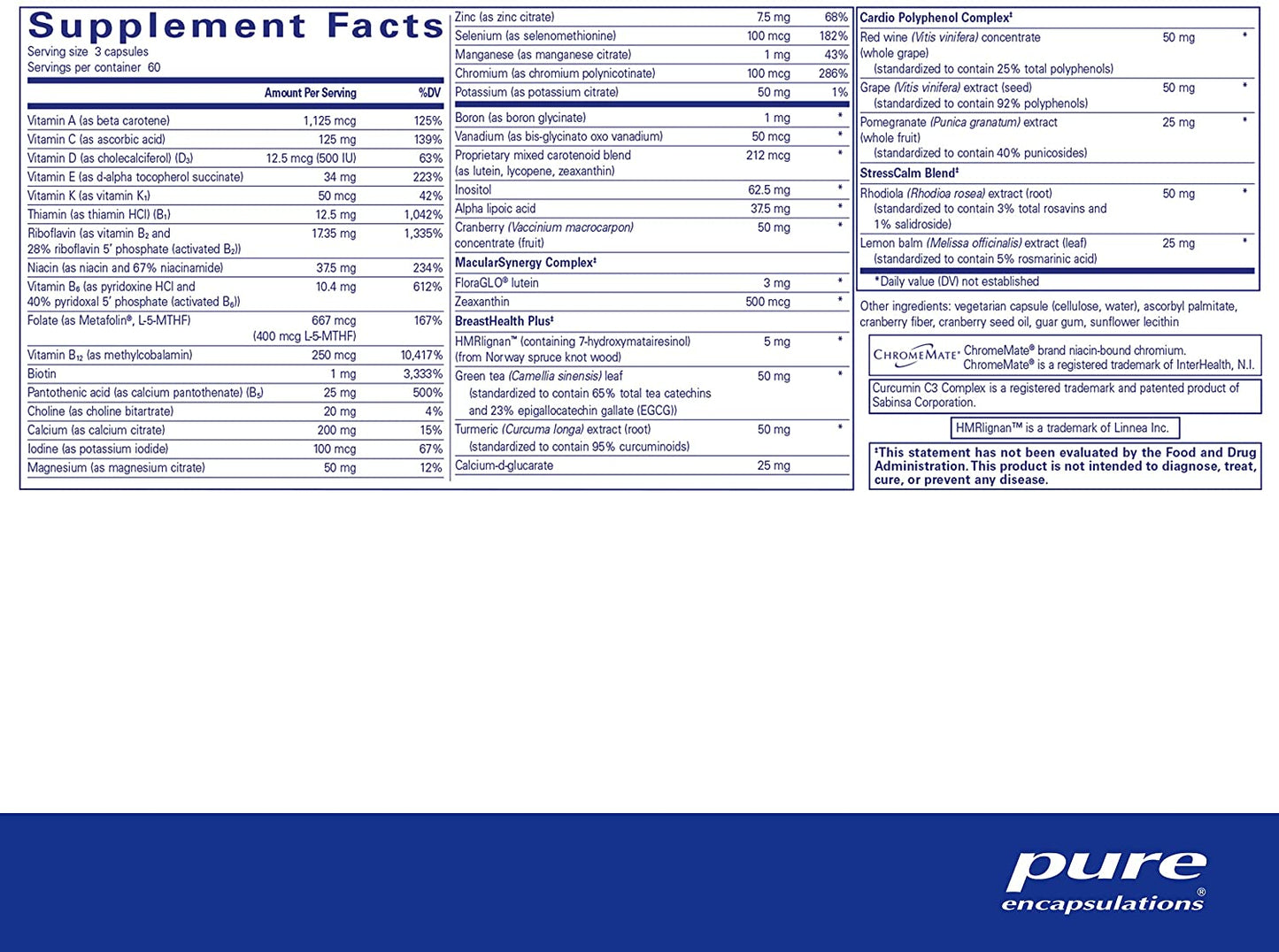 Pure Encapsulations Women's Nutrients 40+ supplement facts label showing full vitamin, mineral and trace element profile alongside BreastHealth Plus, MacularSynergy Complex, Cardio Polyphenol Complex and StressCalm Blend per 3-capsule serving – 180 vegetarian capsules