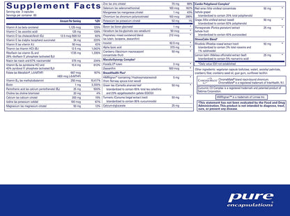 Pure Encapsulations Women's Nutrients 40+ supplement facts label showing full vitamin, mineral and trace element profile alongside BreastHealth Plus, MacularSynergy Complex, Cardio Polyphenol Complex and StressCalm Blend per 3-capsule serving – 180 vegetarian capsules