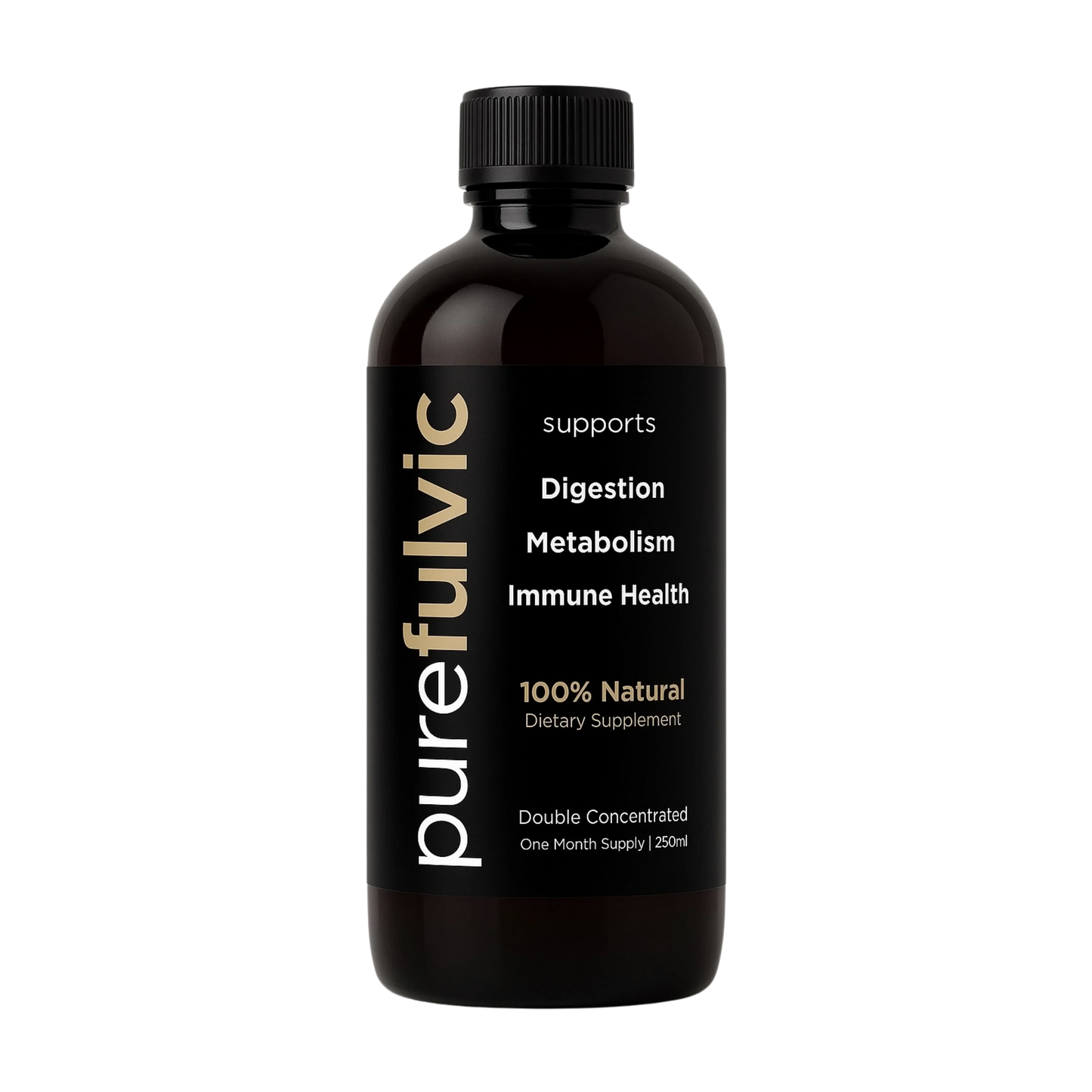 Pure Fulvic Acid Concentrate Tonic — 100% natural fulvic acid from New Zealand peat, 250 mL bottle, front view