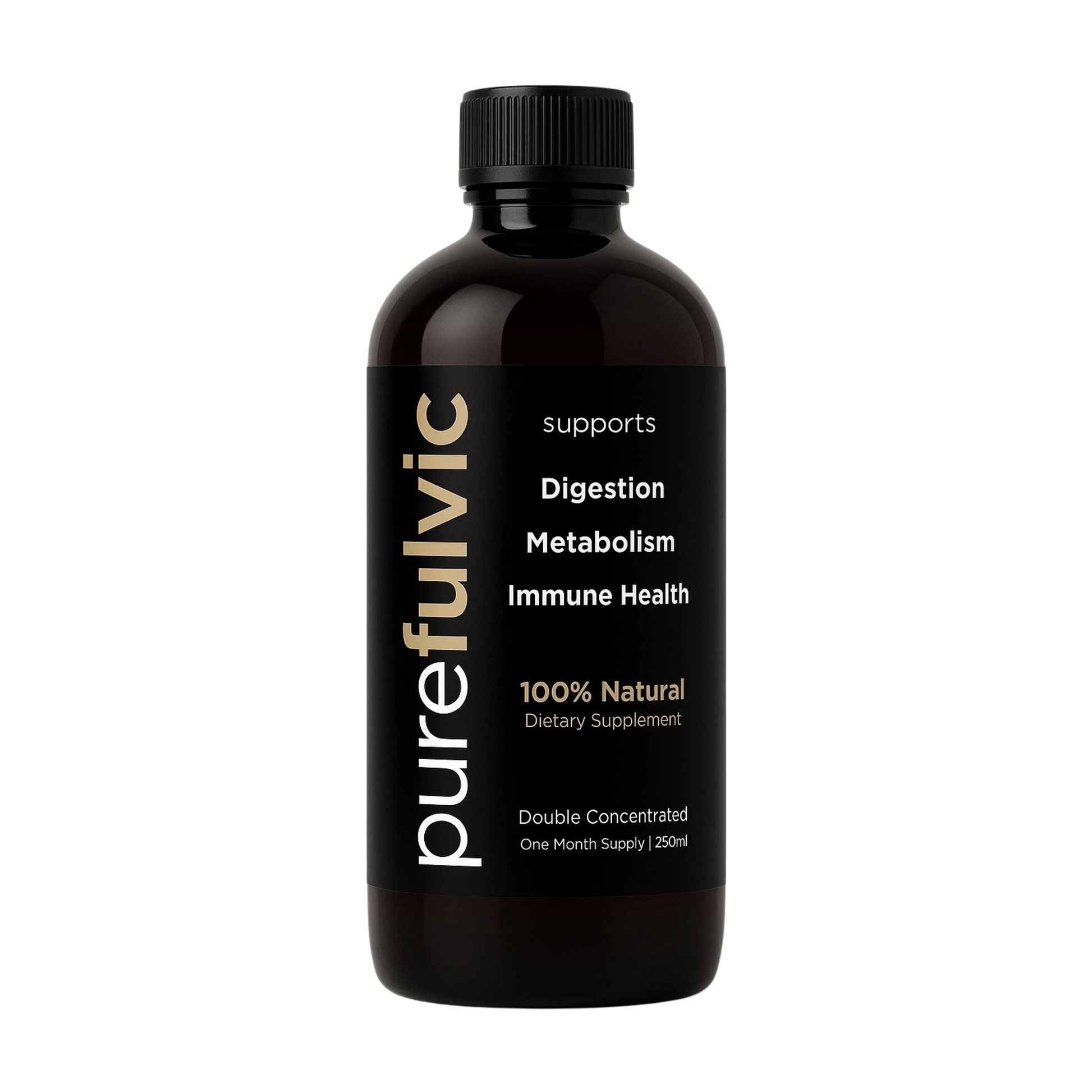 Pure Fulvic Acid Concentrate Tonic — 100% natural fulvic acid from New Zealand peat, 250 mL bottle, front view