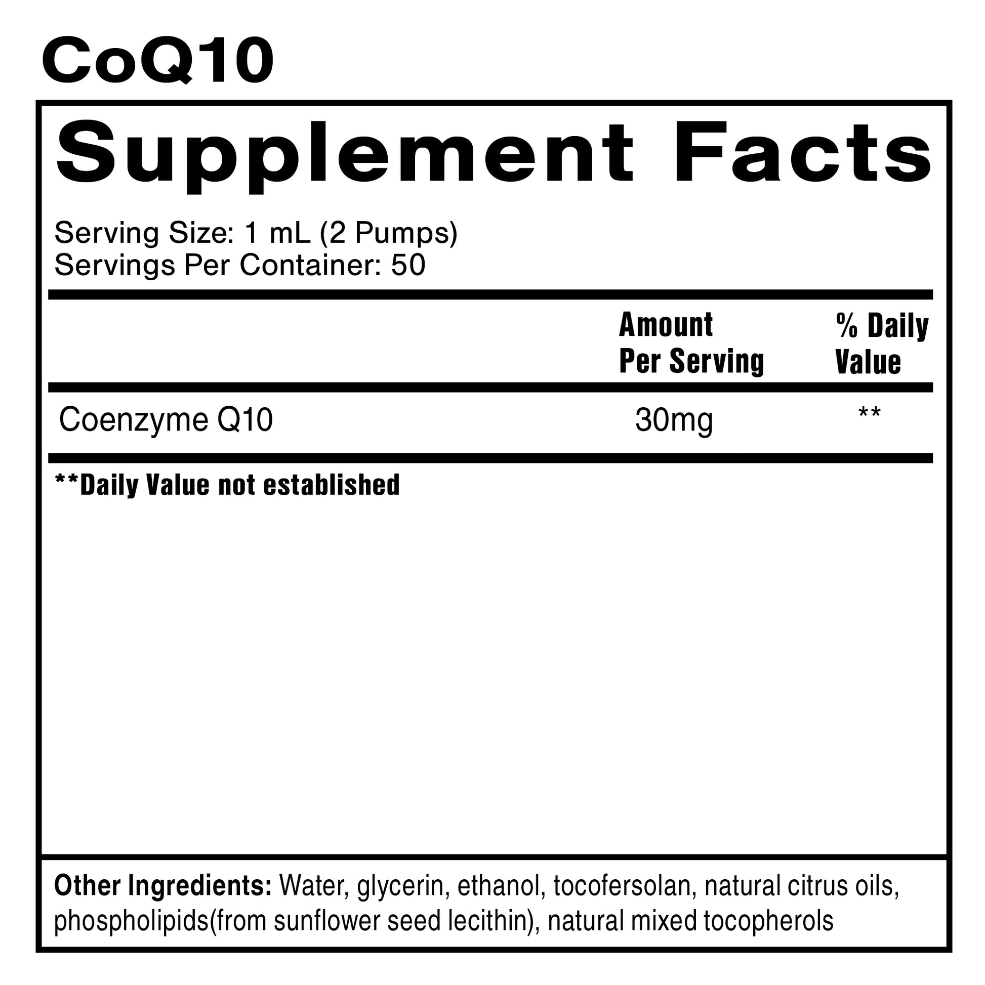 Supplement facts label for Quicksilver Scientific CoQ10 Nanoemulsified showing 30mg coenzyme Q10 per serving with phospholipid delivery system