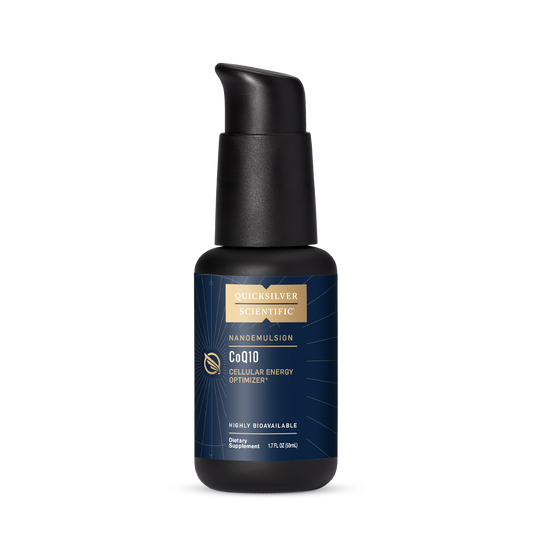 Quicksilver Scientific CoQ10 Nanoemulsified 30mg liquid supplement in amber glass pump bottle, 50mL