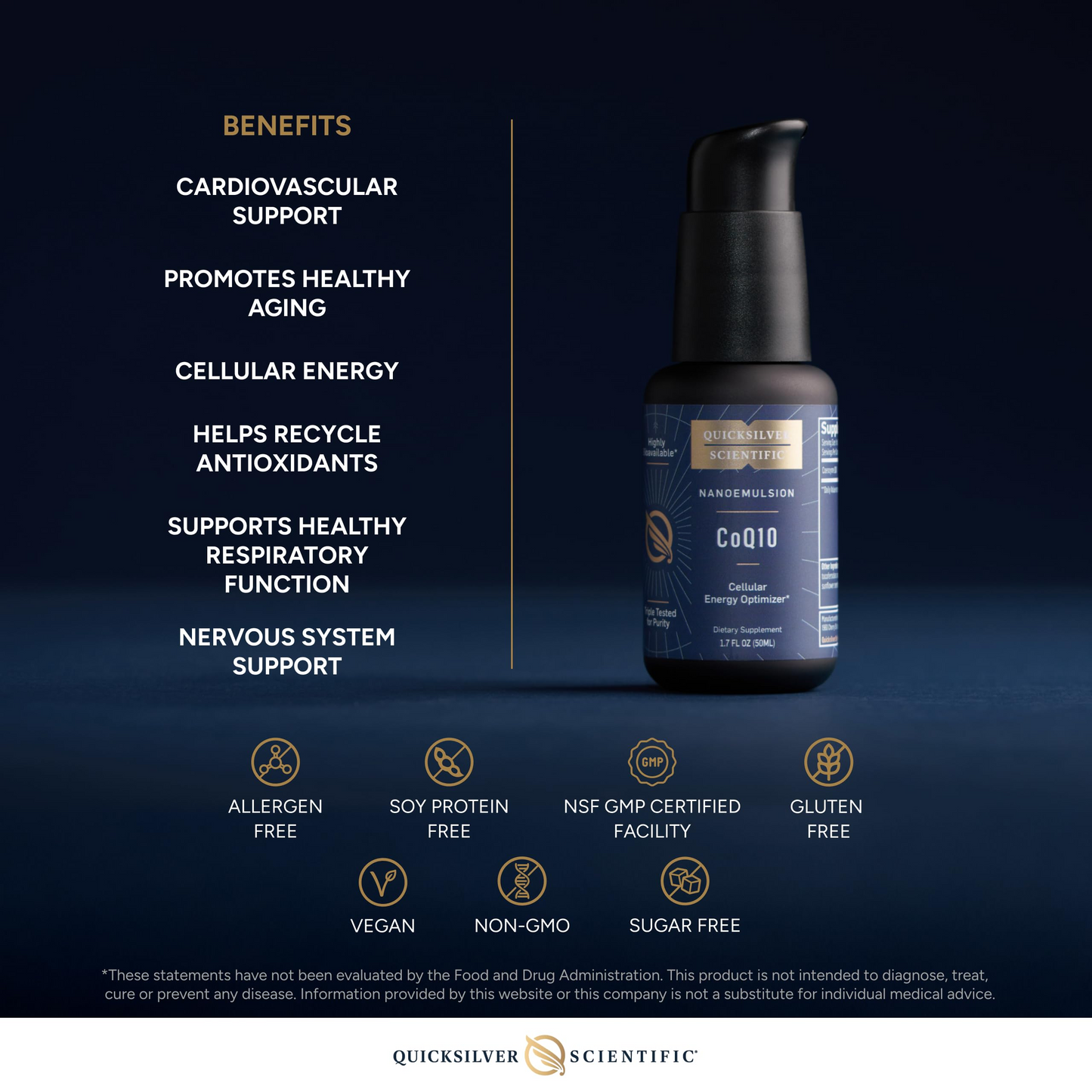 Quicksilver Scientific CoQ10 Nanoemulsified 1.7 fl oz (50mL) pump bottle displayed alongside a benefits panel listing cardiovascular support, healthy ageing, cellular energy, antioxidant recycling, respiratory function support, and nervous system support. Icons below indicate allergen free, soy protein free, NSF GMP certified facility, gluten free, vegan, non-GMO, and sugar free.