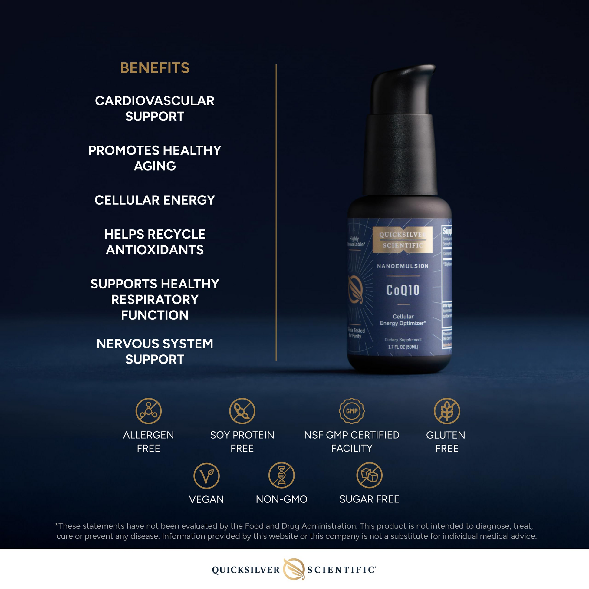 Quicksilver Scientific CoQ10 Nanoemulsified 1.7 fl oz (50mL) pump bottle displayed alongside a benefits panel listing cardiovascular support, healthy ageing, cellular energy, antioxidant recycling, respiratory function support, and nervous system support. Icons below indicate allergen free, soy protein free, NSF GMP certified facility, gluten free, vegan, non-GMO, and sugar free.
