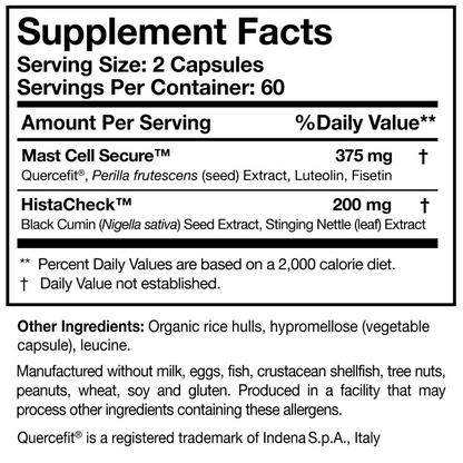 Researched Nutritionals HistaQuel supplement facts label showing Mast Cell Secure™ blend 375mg and HistaCheck™ blend 200mg per 2-capsule serving – 60 servings per container – 120 vegetarian capsules