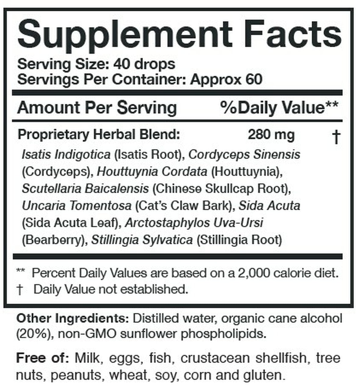 Researched Nutritionals Myc-P supplement facts label showing proprietary herbal blend 280mg per serving with Isatis indigotica, Cordyceps sinensis, Houttuynia cordata, Scutellaria baicalensis, Uncaria tomentosa, Sida acuta, Arctostaphylos uva-ursi and Stillingia sylvatica in distilled water, organic cane alcohol 20% and non-GMO sunflower phospholipids – 4 fl oz liquid