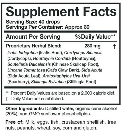Researched Nutritionals Myc-P supplement facts label showing proprietary herbal blend 280mg per serving with Isatis indigotica, Cordyceps sinensis, Houttuynia cordata, Scutellaria baicalensis, Uncaria tomentosa, Sida acuta, Arctostaphylos uva-ursi and Stillingia sylvatica in distilled water, organic cane alcohol 20% and non-GMO sunflower phospholipids – 4 fl oz liquid