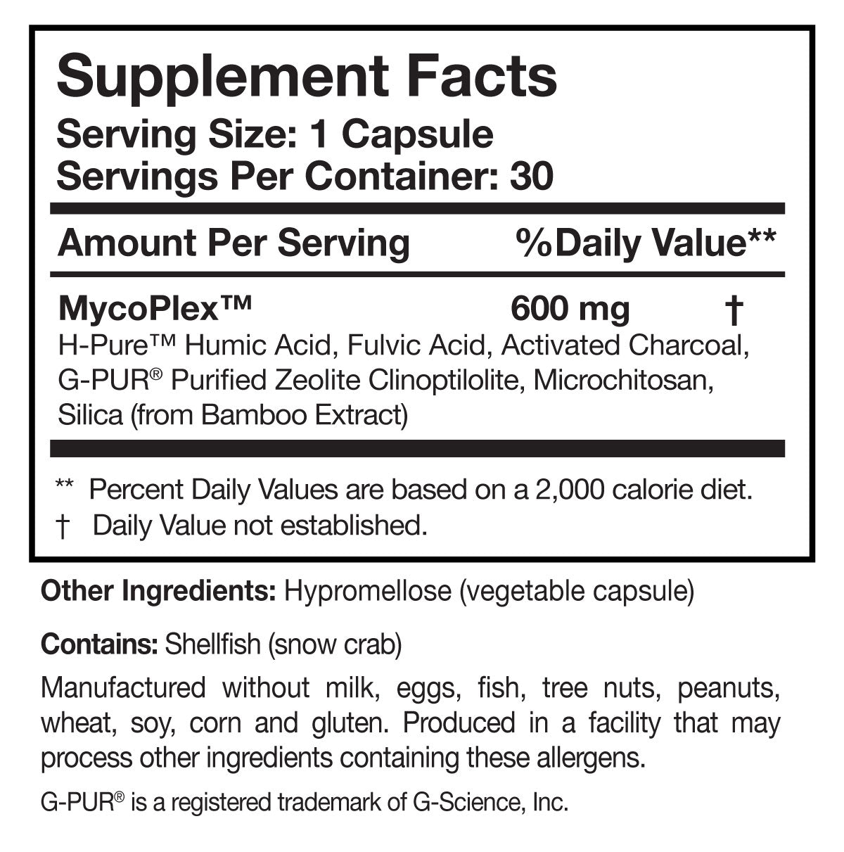 Researched Nutritionals MycoPul supplement facts label showing MycoPlex™ blend 600mg per capsule including activated charcoal, PureBind™ humic acid, fulvic acid, G-PUR® zeolite clinoptilolite, microchitosan, and silica from bamboo extract