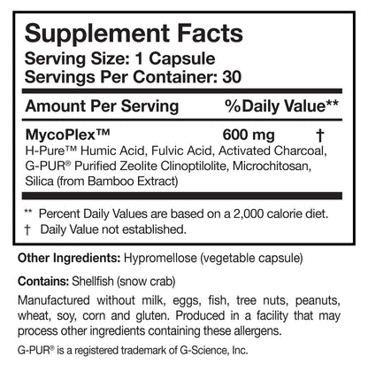 Researched Nutritionals MycoPul supplement facts label showing MycoPlex™ blend 600mg per capsule including activated charcoal, PureBind™ humic acid, fulvic acid, G-PUR® zeolite clinoptilolite, microchitosan, and silica from bamboo extract