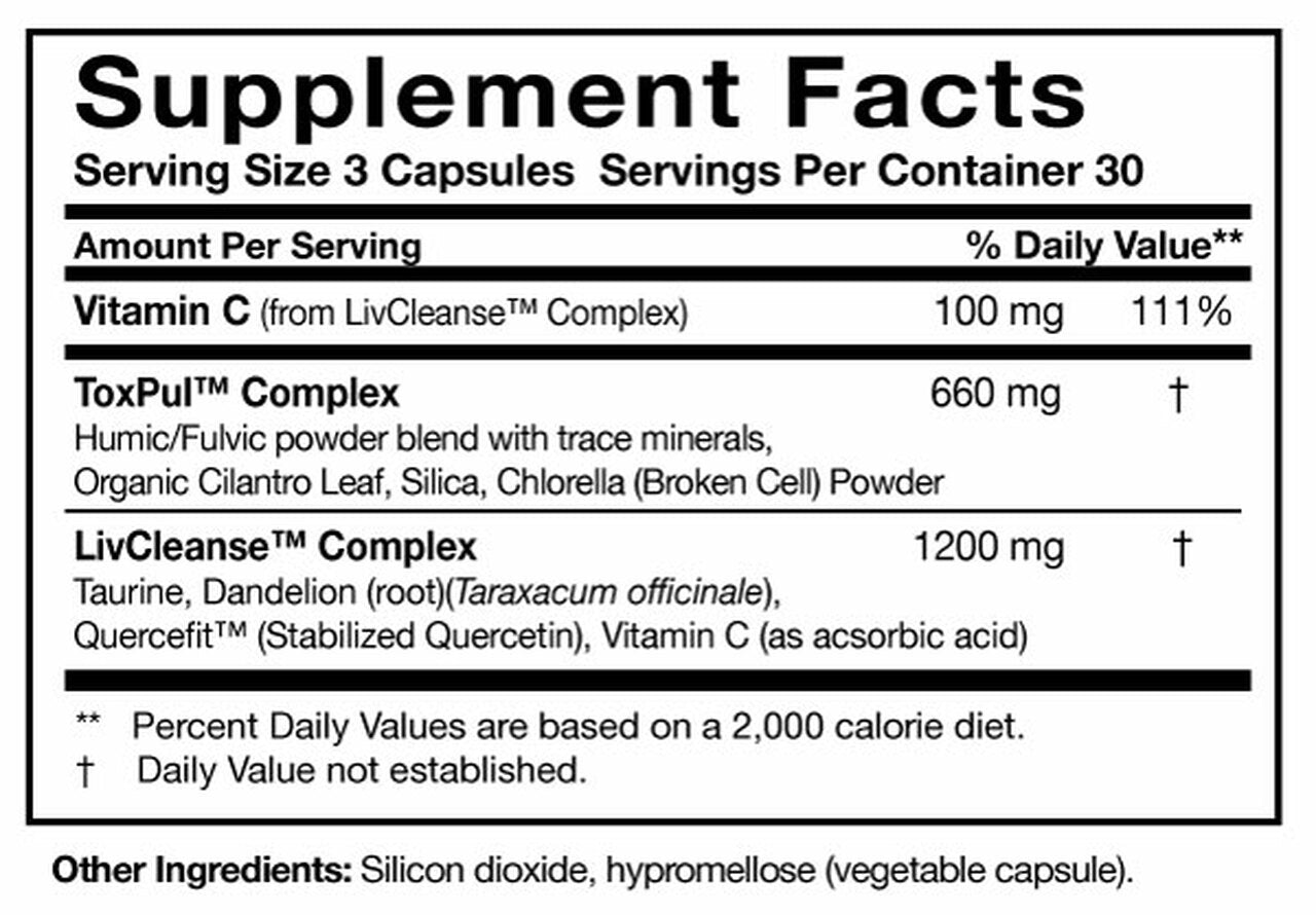 Researched Nutritionals ToxinPul supplement facts label showing ToxPul™ Complex 660mg with humic acid fulvic acid chlorella cilantro and silica, LivCleanse™ Complex 1200mg with taurine dandelion root Quercefit® quercetin and vitamin C 100mg per 3-capsule serving – 30 servings per container