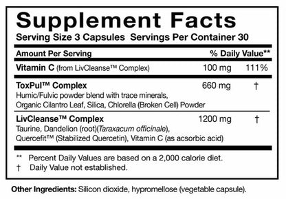 Researched Nutritionals ToxinPul supplement facts label showing ToxPul™ Complex 660mg with humic acid fulvic acid chlorella cilantro and silica, LivCleanse™ Complex 1200mg with taurine dandelion root Quercefit® quercetin and vitamin C 100mg per 3-capsule serving – 30 servings per container