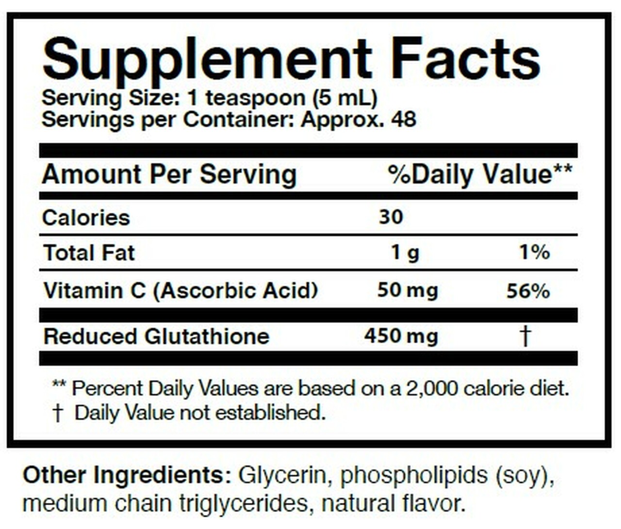 Researched Nutritionals Tri-Fortify supplement facts label showing reduced glutathione 450mg and vitamin C 50mg per 5mL serving in liposomal preparation with glycerin, medium-chain triglycerides and soy phospholipids – approximately 48 servings per 8 fl oz tube