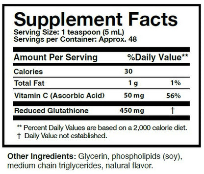Researched Nutritionals Tri-Fortify supplement facts label showing reduced glutathione 450mg and vitamin C 50mg per 5mL serving in liposomal preparation with glycerin, medium-chain triglycerides and soy phospholipids – approximately 48 servings per 8 fl oz tube