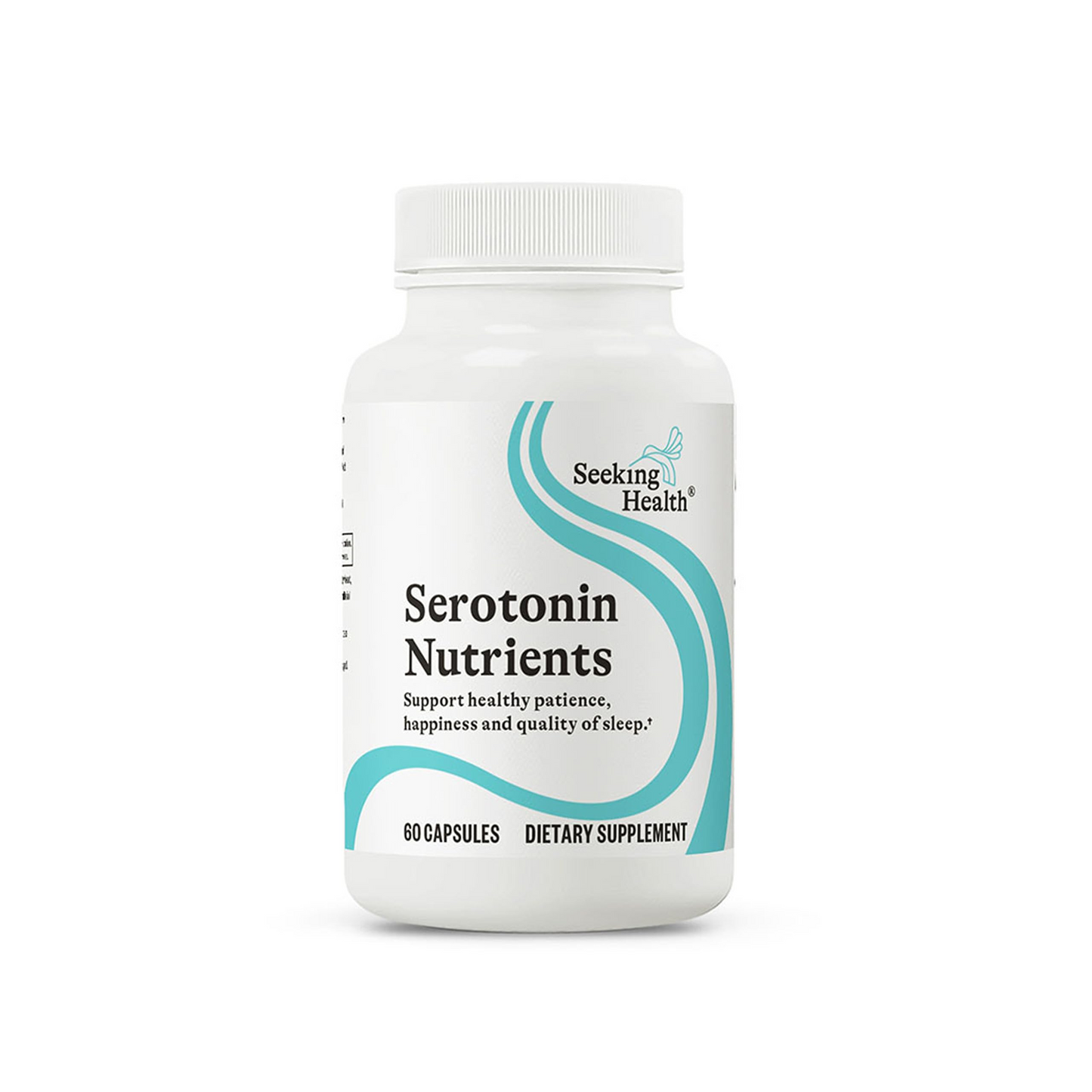 Seeking Health Serotonin Nutrients front of bottle, 60 vegetarian capsules with 5-HTP, saffron and vitamin B6
