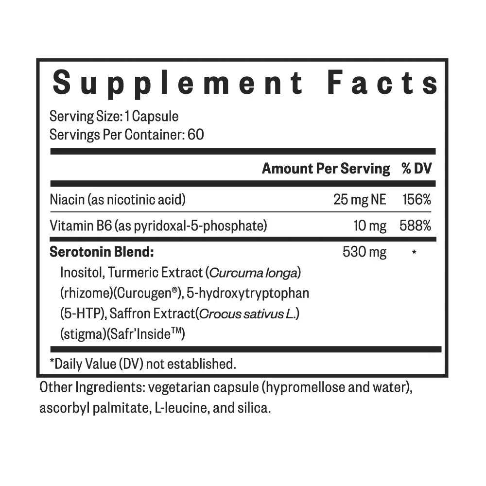 Seeking Health Serotonin Nutrients supplement facts label showing niacin, vitamin B6 as P-5-P and the 530 mg serotonin blend