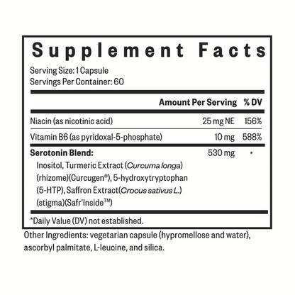 Seeking Health Serotonin Nutrients supplement facts label showing niacin, vitamin B6 as P-5-P and the 530 mg serotonin blend