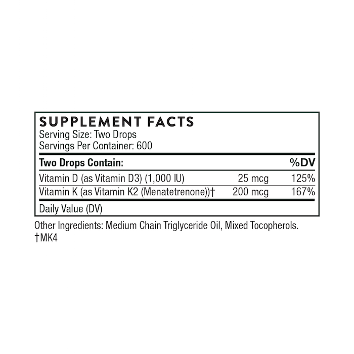 Thorne Vitamin D3 K2 liquid supplement facts – 1000 IU cholecalciferol and 200mcg menatetrenone per serving