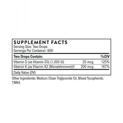 Thorne Vitamin D3 K2 liquid supplement facts – 1000 IU cholecalciferol and 200mcg menatetrenone per serving