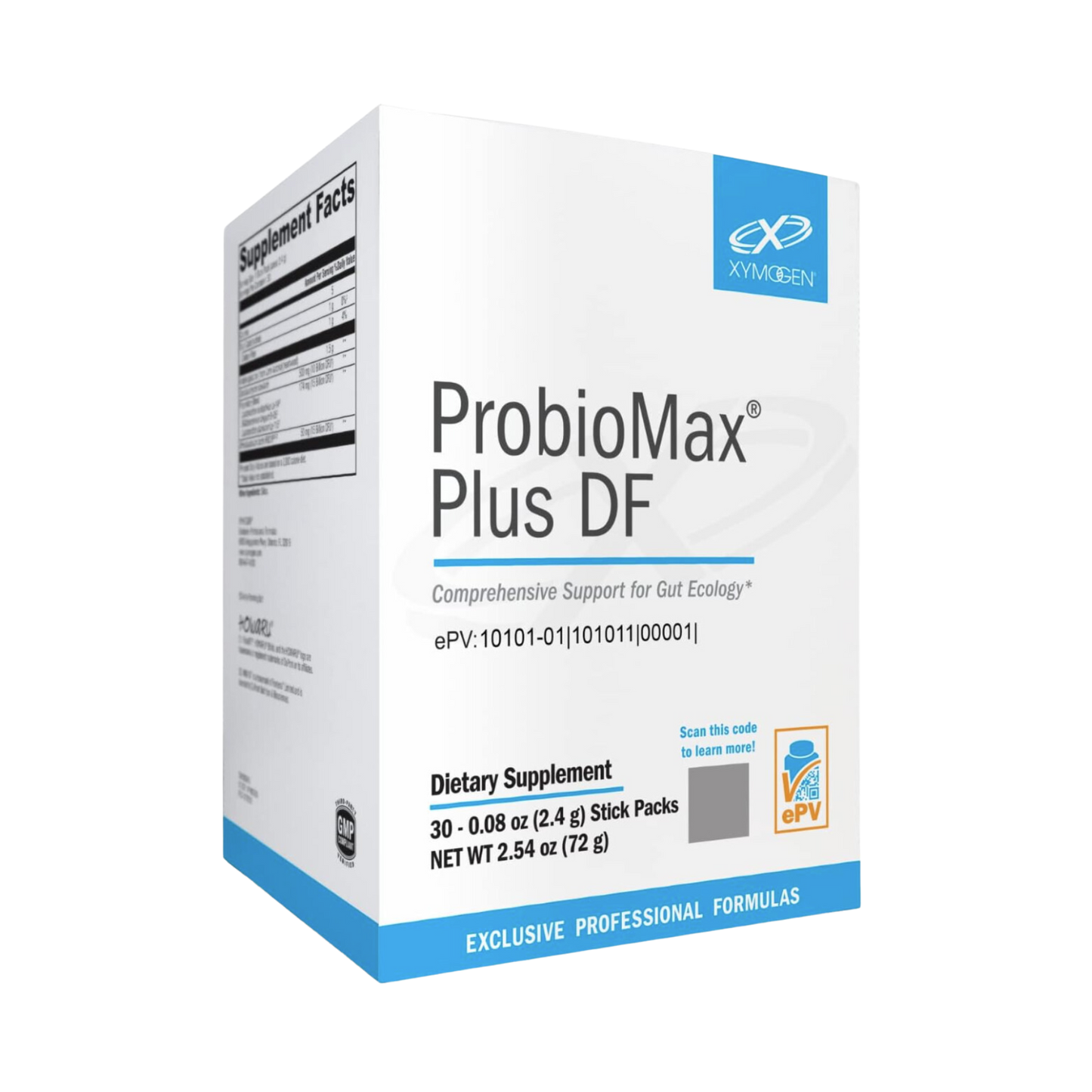 Xymogen ProbioMax Plus DF box of 30 stick packs, prebiotic and probiotic powder blend, dairy free