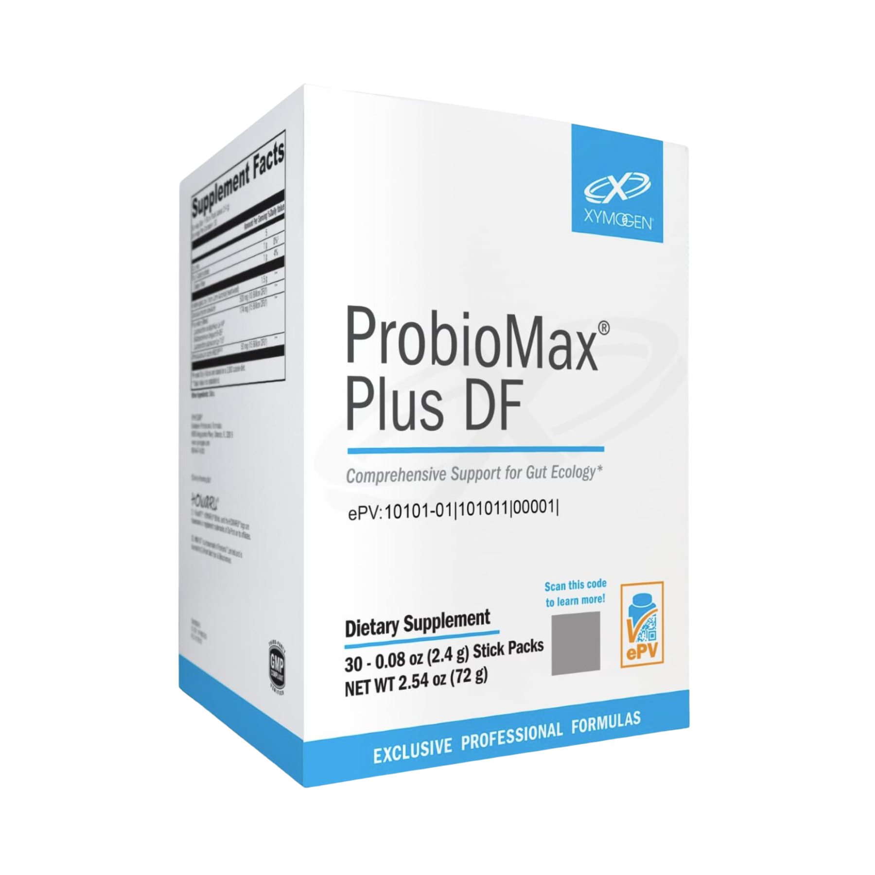 Xymogen ProbioMax Plus DF box of 30 stick packs, prebiotic and probiotic powder blend, dairy free