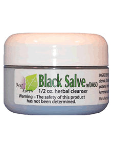 A jar labeled 'Black Salve' as an herbal cleanser with a white lid on a white background.