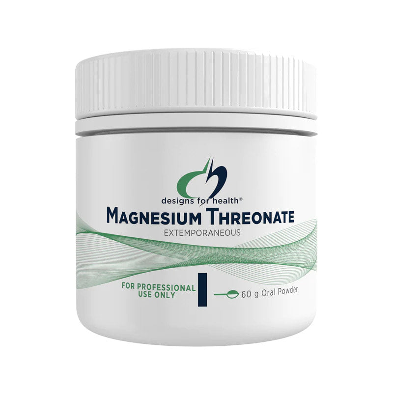A container of Designs for Health Magnesium Threonate, exciporus, 60g size, labeled as a professional use only item.