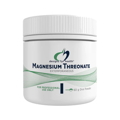 A container of Designs for Health Magnesium Threonate, exciporus, 60g size, labeled as a professional use only item.