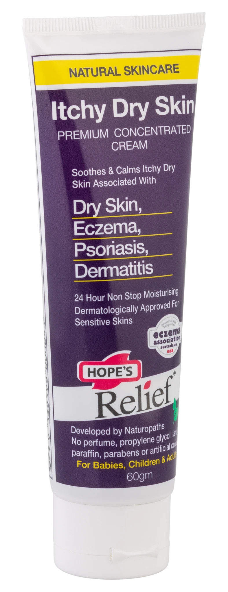 A tube of Hope's Relief Itchy Dry Skin Cream with a purple label, indicating that it is a natural skincare product suitable for dry skin, eczema, and psoriasis.