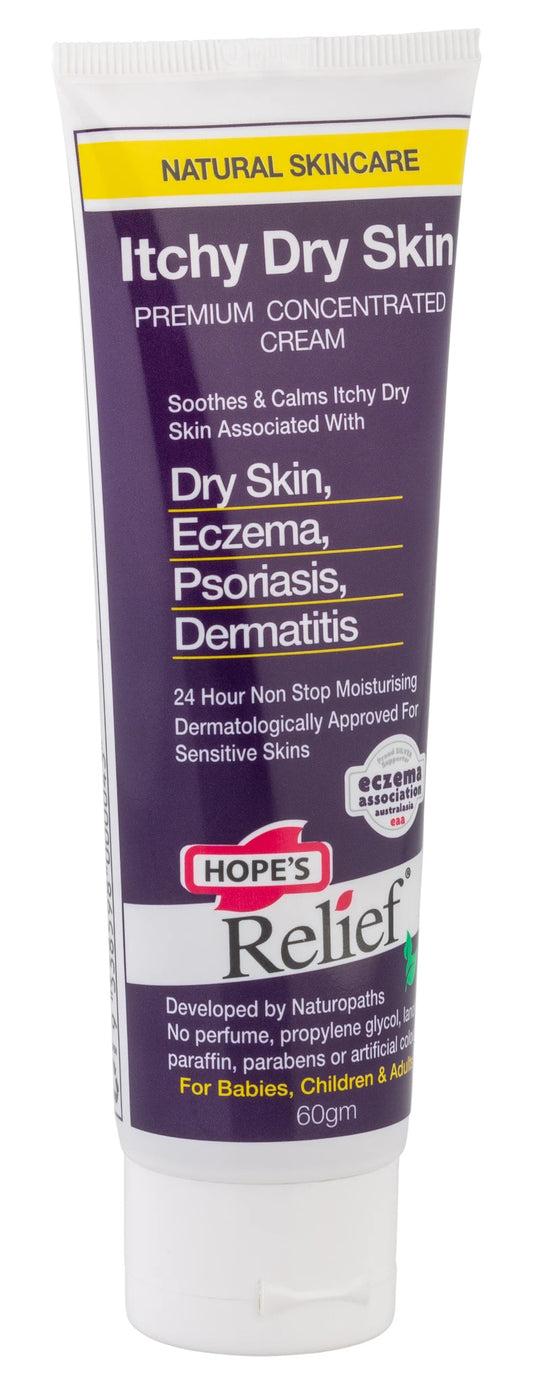A tube of Hope's Relief Itchy Dry Skin Cream with a purple label, indicating that it is a natural skincare product suitable for dry skin, eczema, and psoriasis.