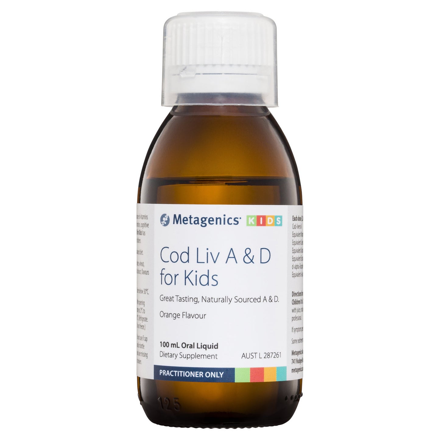 A bottle of Metagenics Cod Liv A & D for Kids dietary supplement in orange flavor.