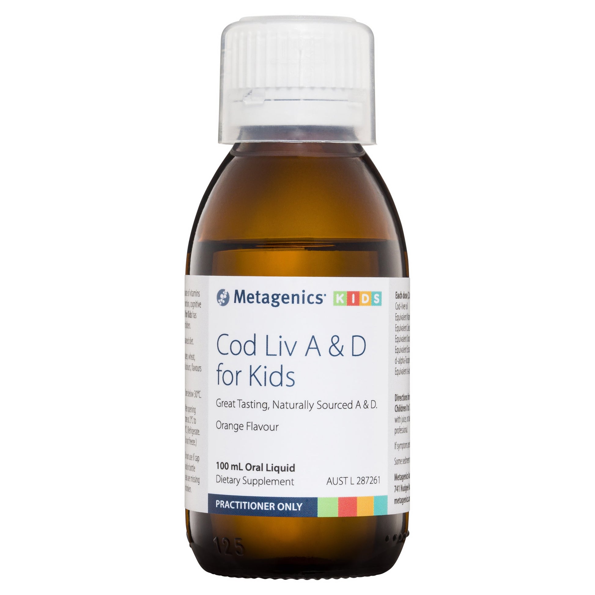 A bottle of Metagenics Cod Liv A & D for Kids dietary supplement in orange flavor.