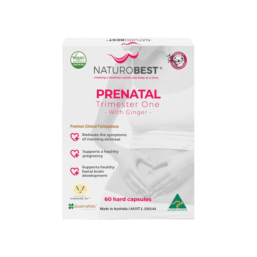 Packaging for NaturoBest Prenatal Trimester One with Ginger, showing the product box with branding, capsule count, and health claims.