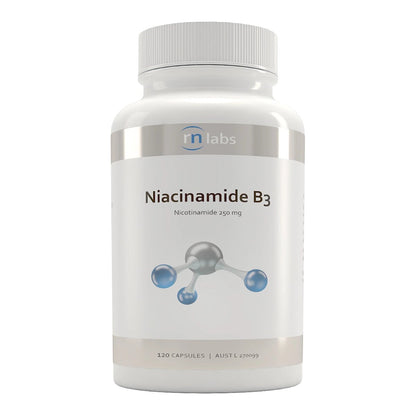 A bottle of Niacinamide B3 supplements with the brand RN Labs displayed on the label.