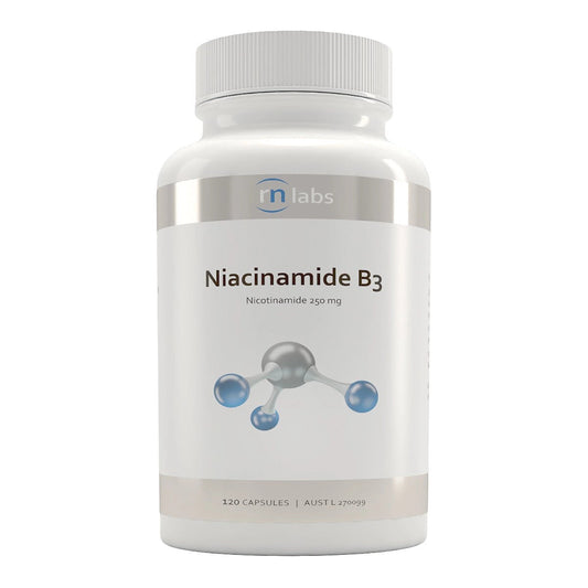 A bottle of Niacinamide B3 supplements with the brand RN Labs displayed on the label.