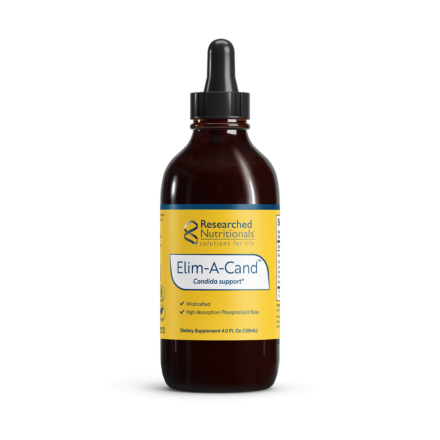 A bottle of Elim-A-Cand tincture by Researched Nutritional with a yellow label.