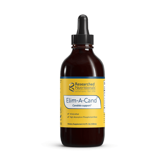 A bottle of Elim-A-Cand tincture by Researched Nutritional with a yellow label.
