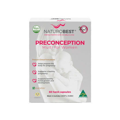 NaturoBest Preconception Multi for Women 60 capsules – Quatrefolic active folate Ferrochel iron VitaCholine NZ