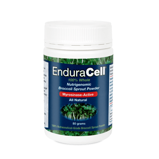 A container of EnduraCell Nutraceutic Broccoli Sprout Powder, labeled as 100% Whole Enzyme-Active with 80 servings of 50 grams each.