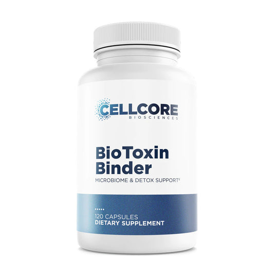 A bottle of CellCore BioToxin Binder dietary supplement with 120 capsules, labeled as a microbiome & detox support supplement.